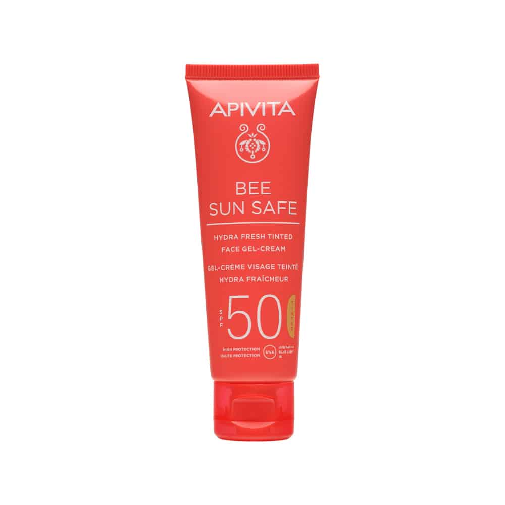 APIVITA BEE SUN SAFE Ενυδατική Κρέμα-Gel Προσώπου με Χρώμα SPF50|Μη λιπαρή, ενυδατική αντηλιακή κρέμα προσώπου με πρόπολη, θαλάσσια φύκη & υαλουρονικό οξύ, 50ml