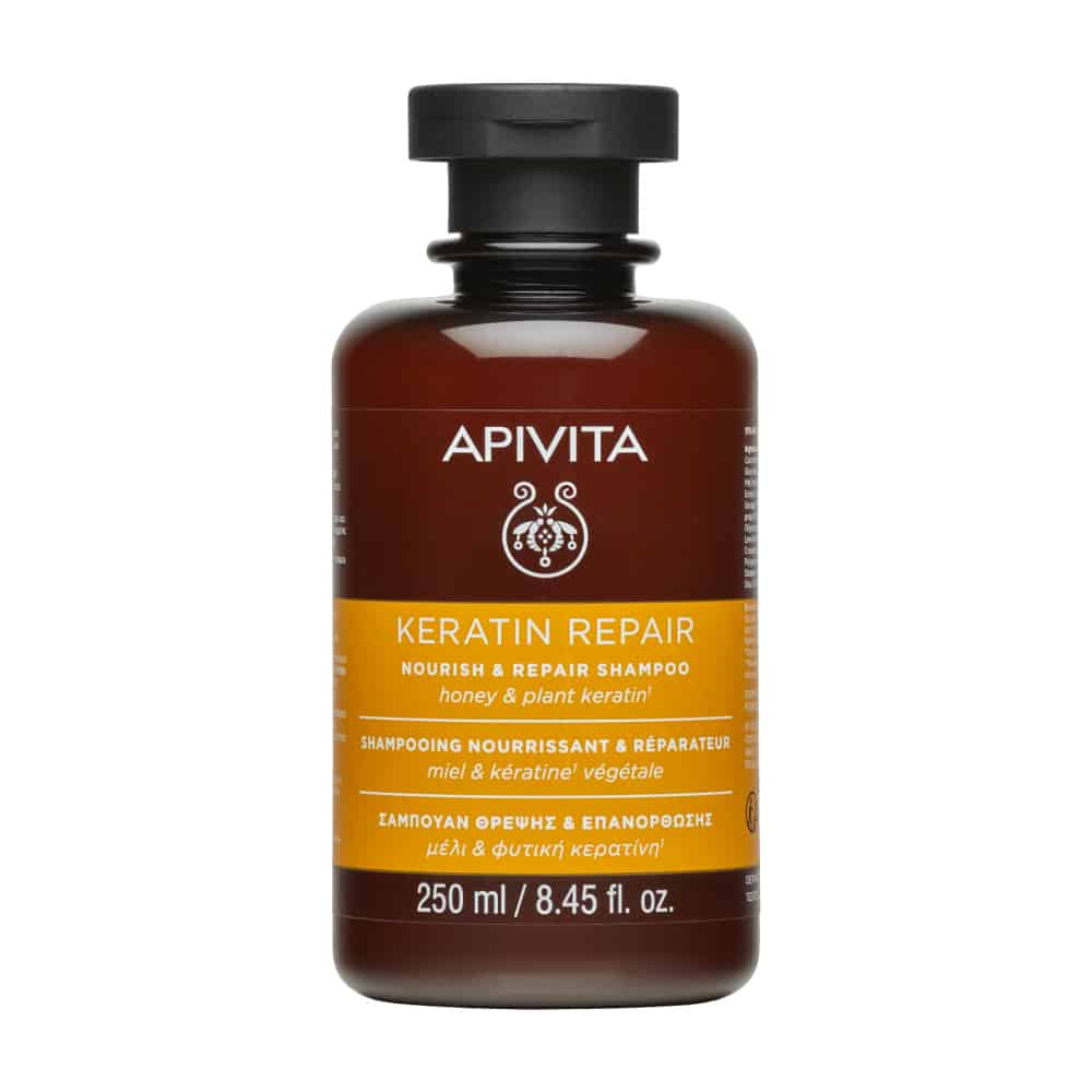 APIVITA KERATIN REPAIR Σαμπουάν θρέψης & επανόρθωσης για ξηρά ταλαιπωρημένα μαλλιά. Φυσικό σαμπουάν χωρίς θειικά άλατα με μέλι και φυτική κερατίνη, 250ml