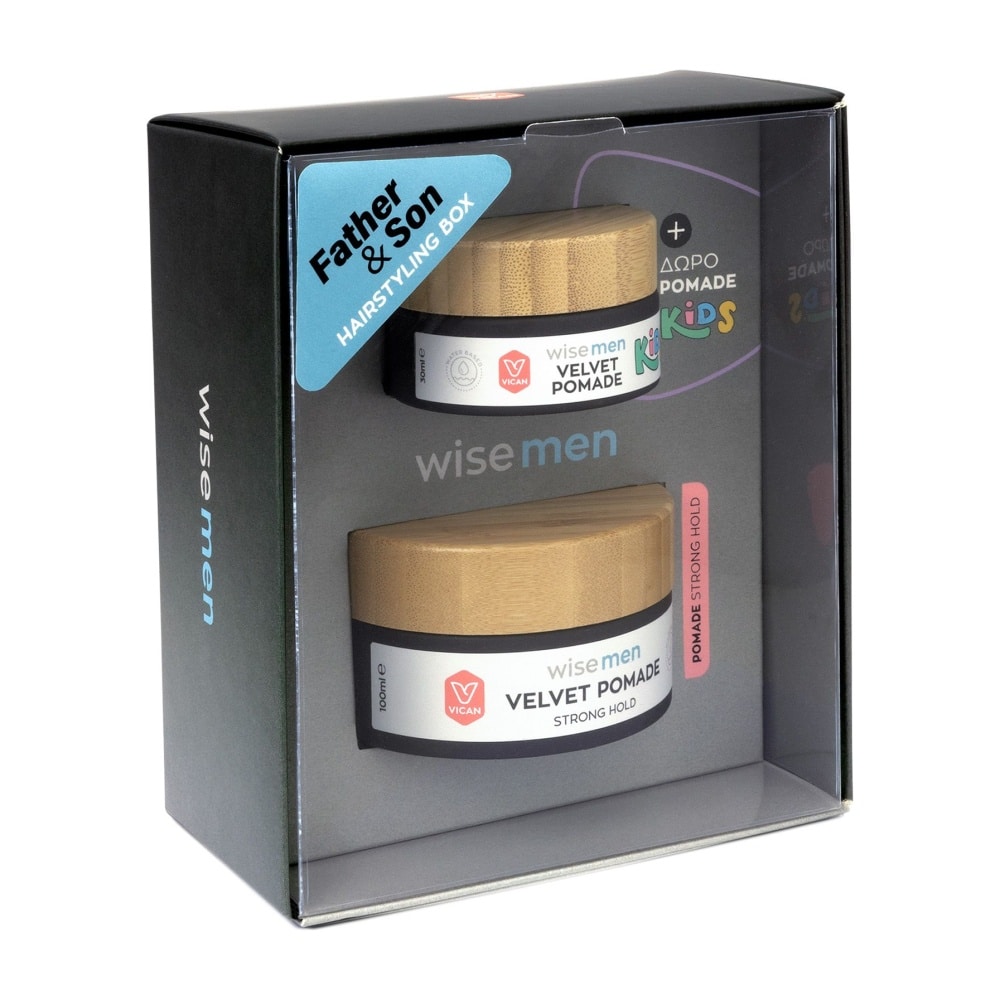 WISE MEN SET Father & Son Hairstyling Box Velvet Pomade Strong Hold Ανδρική Πομάδα για Δυνατό Κράτημα, 100ml & ΔΩΡΟ Kids Velvet Pomade Παιδική Πομάδα, 30ml