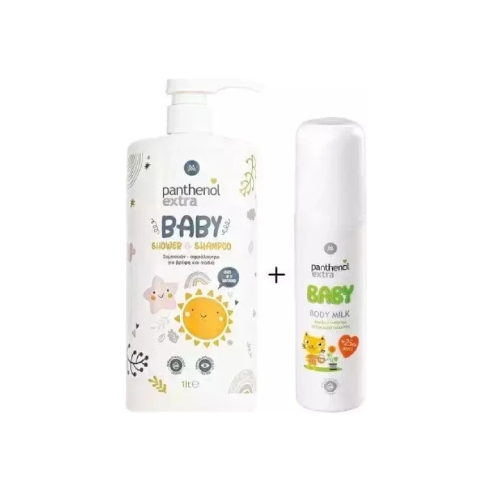 PANTHENOL EXTRA Baby Shower & Shampoo Σαμπουάν & Αφρόλουτρο Για Βρέφη - Παιδιά 1lt & Δώρο Panthenol Extra Baby Body Milk Ενυδατικό Γαλάκτωμα Σώματος 125ml, 2 Τεμάχια