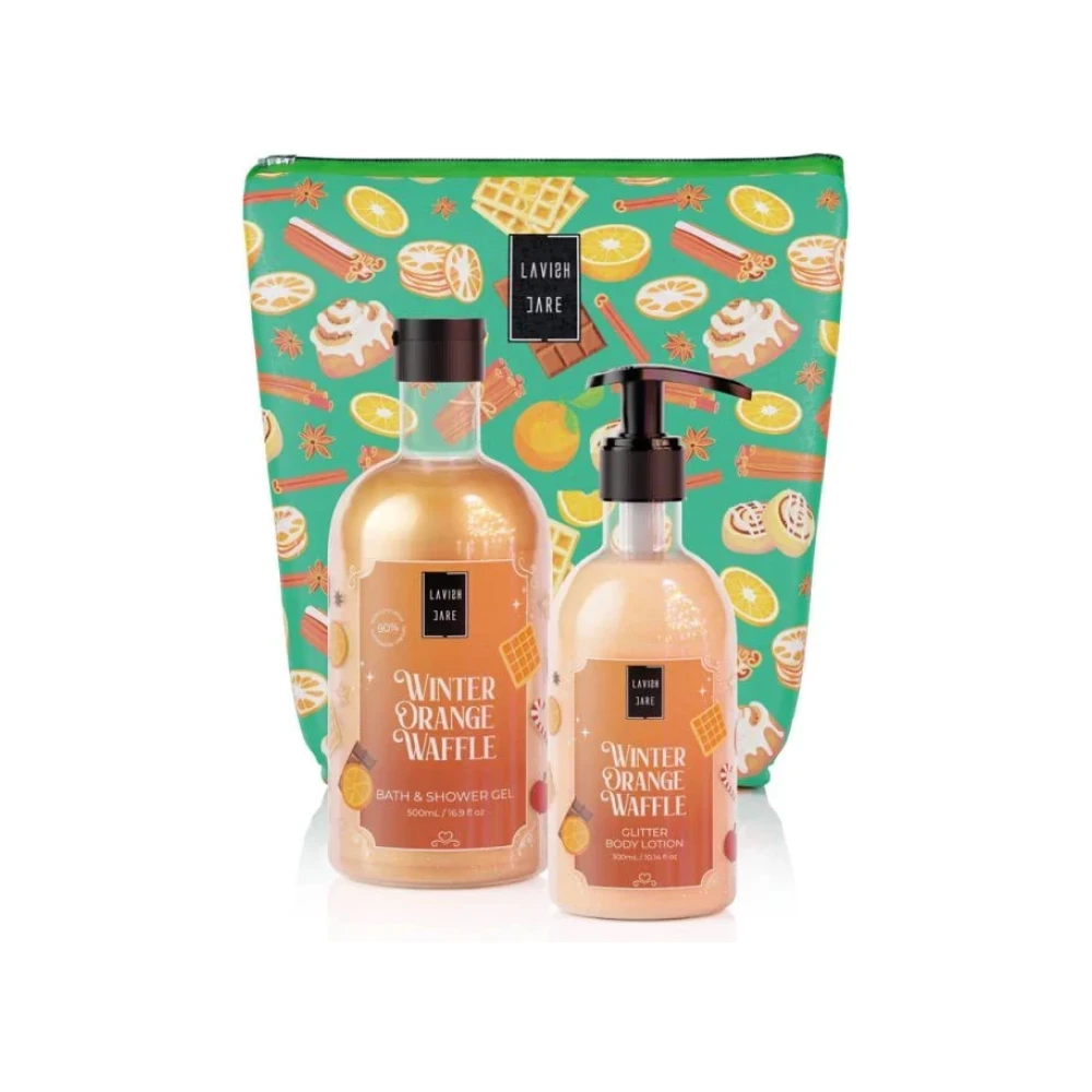 LAVISH CARE Winter Orange Waffle Bag Set με Bath & Shower Gel Aφρόλουτρο, 500ml & Glitter Body Lotion Kρέμα Σώματος, 300ml, 1σετ