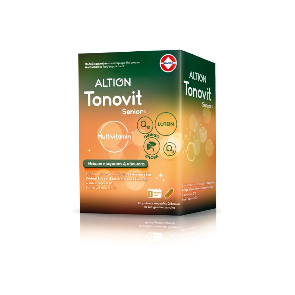 ALTION Tonovit Senior Πολυβιταμίνη με Ω-3 Λιπαρά Οξέα και Gingko Biloba για Άνω των 50 Ετών, Χωρίς Ιώδιο, 40 Μαλακές Κάψουλες