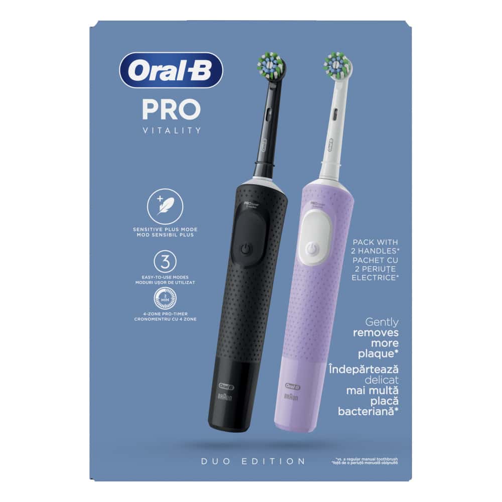 ORAL-B Vitality Pro Duo Pack, 1 Μαύρη & 1 Μωβ Ηλεκτρική Οδοντόβουρτσα, 2 Κεφαλές Βουρτσίσματος, Σχεδιασμός Από Braun