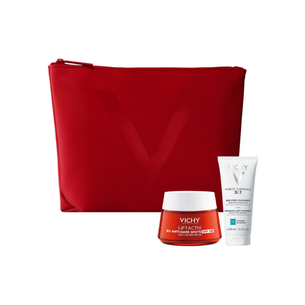 VICHY Liftactiv B3, Κρέμα Ημέρας Κατά των Κηλίδων με SPF50- 50ml & ΔΩΡΟ Purete Thermal, Γαλάκτωμα Καθαρισμού 3σε1 100ml & Δερμάτινο Νεσεσέρ