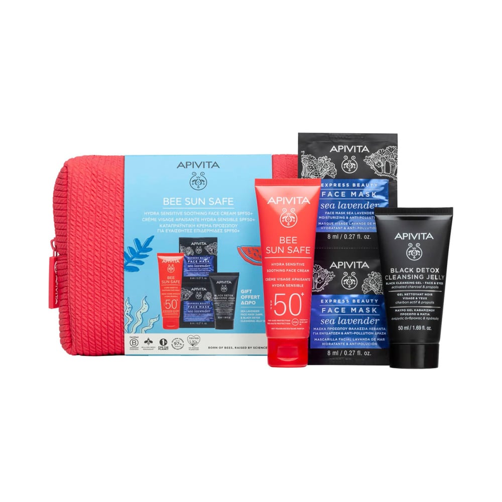 APIVITA Promo Bee Sun Safe Hydra Sensitive Soothing Face Cream Καταπραϋντική Κρέμα Προσώπου SPF50+, 50ml & Δώρο Black Detox Cleansing Jelly Μαύρο Gel Kαθαρισμού, 50ml & Express Beauty Face Mask Sea Lavender Μάσκα Προσώπου Θαλάσσια Λεβάντα, 2x8ml, 1σετ