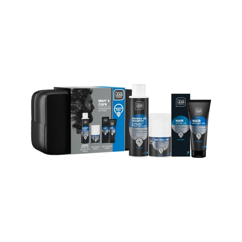 PHARMALEAD Promo Men's Care Σετ Περιποίησης για τον Άνδρα με Gel Μαλλιών για Styling, 100ml, Αποσμητικό Roll-On, 50ml & Δώρο Ανδρικό Σαμπουάν - Αφρόλουτρο 3σε1, 100ml & Νεσεσέρ, 1τεμ, 1σετ