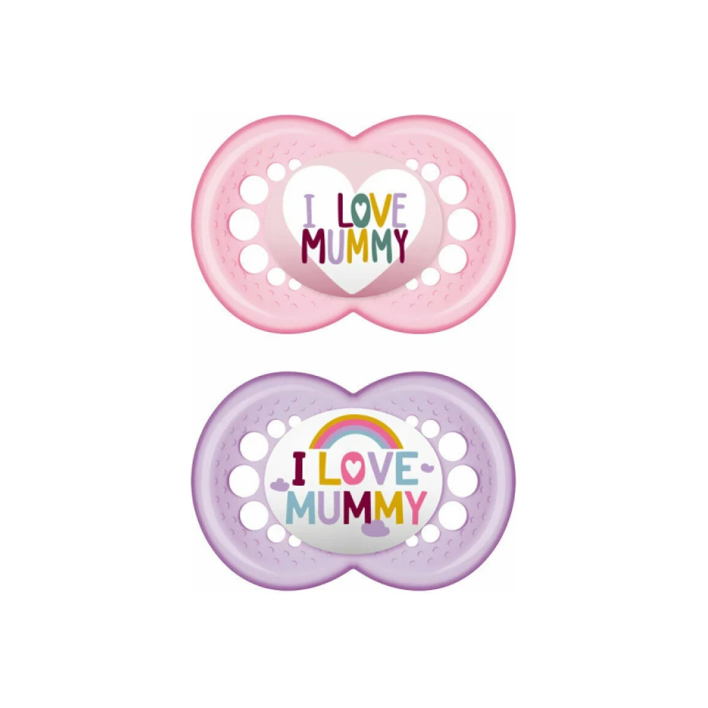 MAM Πιπίλες Σιλικόνης ''I Love Mummy'' για 6-16 μηνών 2 τεμάχια Ροζ/Μωβ