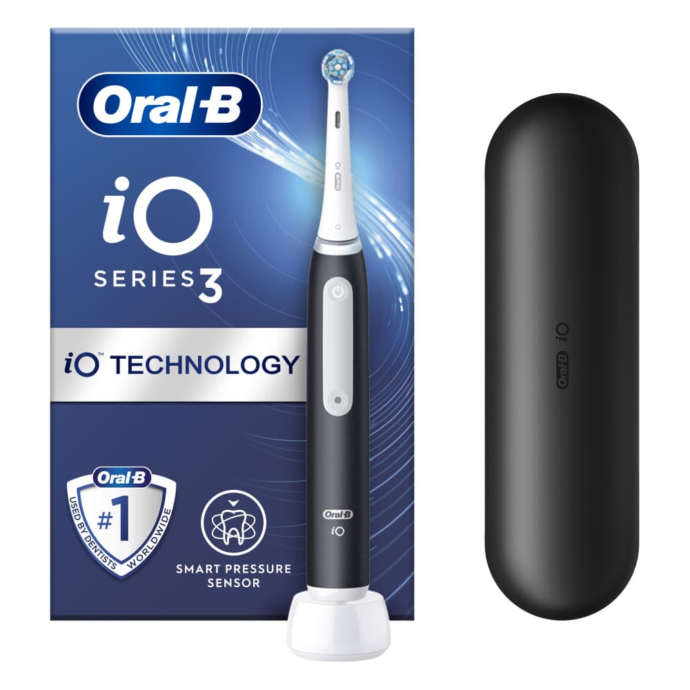 ORAL-B iO 3 Μαύρη Ηλεκτρική Οδοντόβουρτσα, 1 Κεφαλή Βουρτσίσματος, 1 Θήκη Ταξιδιού, Σχεδιασμός Από Braun με hook.