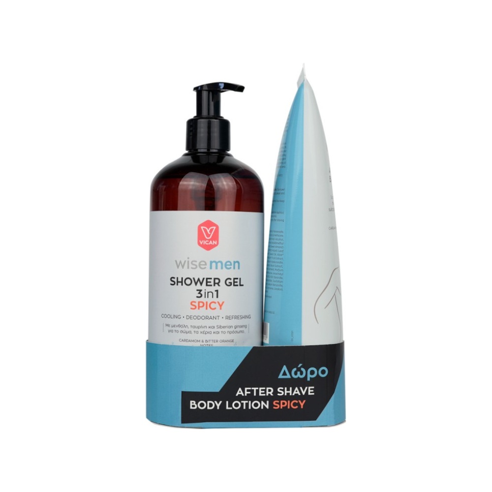 WISE MEN Promo Shower Gel 3 in 1 Spicy Αφρόλουτρο με Αντιμικροβιακό Παράγοντα, 500ml & Δώρο After Shave Body Lotion Spicy Ενυδατική Λοσιόν Σώματος, 200ml, 1σετ