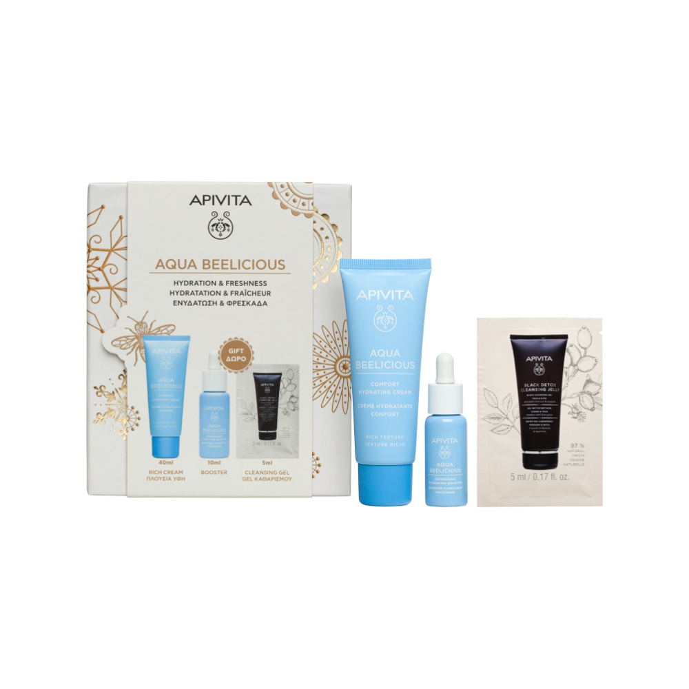 APIVITA Promo Aqua Beelicious Routine Κρέμα Ενυδάτωσης, 40ml, Booster Αναζωογόνησης & Ενυδάτωσης, 10ml & Δώρο Μαύρο Gel Καθαρισμού για Πρόσωπο & Μάτια, 5ml, 1σετ