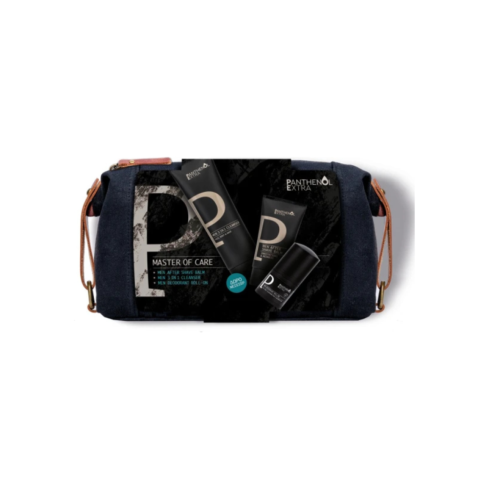 PANTHENOL EXTRA Men Master of Care Promo After Shave Balm Ανδρικό Ενυδατικό Balm για μετά το Ξύρισμα, 75ml, 3 in1 Cleanser Face Body Hair Ανδρικό Αφρόλουτρο & Σαμπουάν, 200ml, Deodorant Roll-on Ανδρικό Αποσμητικό, 50ml & Δώρο Νεσεσέρ, 1σετ