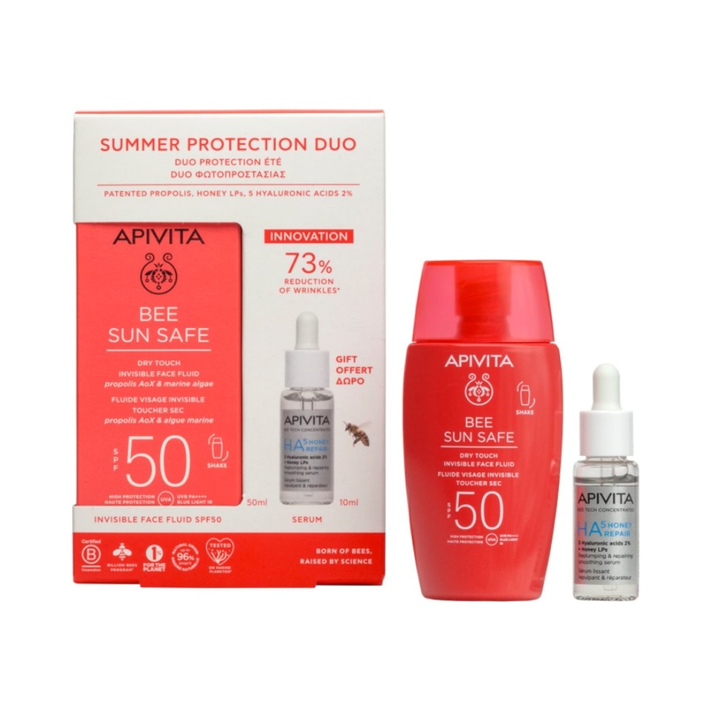 APIVITA Promo Bee Sun Safe Dry Touch Invisible Face Fluid Spf50 with Marine Algae & Propolis 50ml & Δώρο Bee Tech Concentrates HA5 Honey Repair Serum 10ml