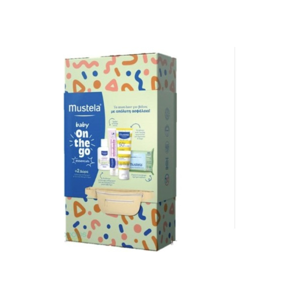 MUSTELA Baby On the Go Promo Υγρά Μωρομάντηλα Καθαρισμού, 60τεμ, Κρέμα Αλλαγής Πάνας, 50ml, Αντιηλιακό Προσώπου & Σώματος SPF50+, 40ml, Δώρο Καθαριστικό Γαλάκτωμα Αλλαγής Πάνας, 50ml, & Δώρο Τσαντάκι Μέσης & Ώμου, 1τεμ, 1σετ